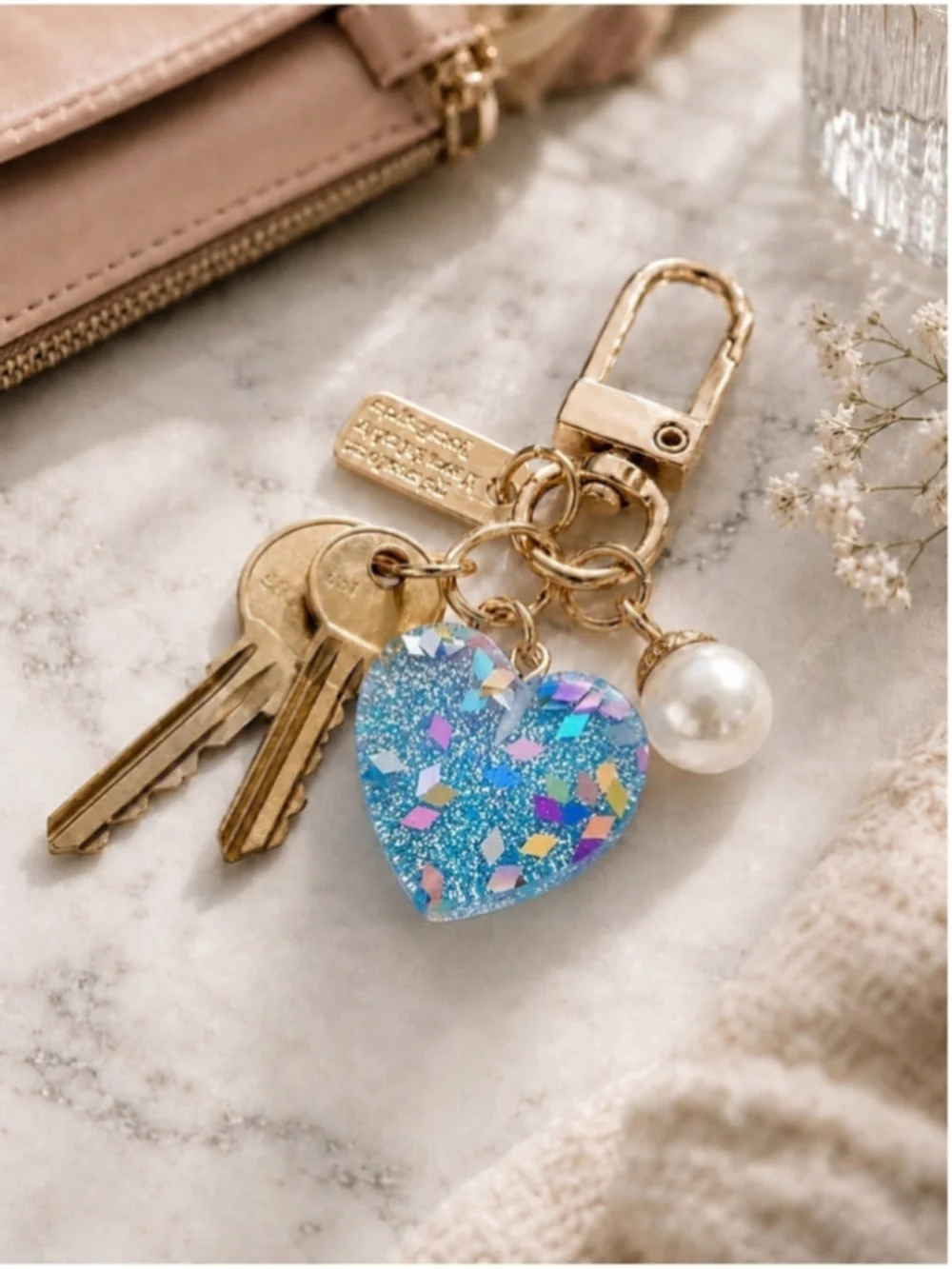 NEW Blue Glitter Heart Pearl Gold Bag Charm Key Ring NWT